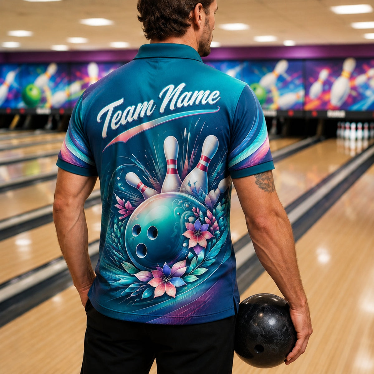 Floral Bowling Ball Graphic Custom Bowling Polo Shirt Back View