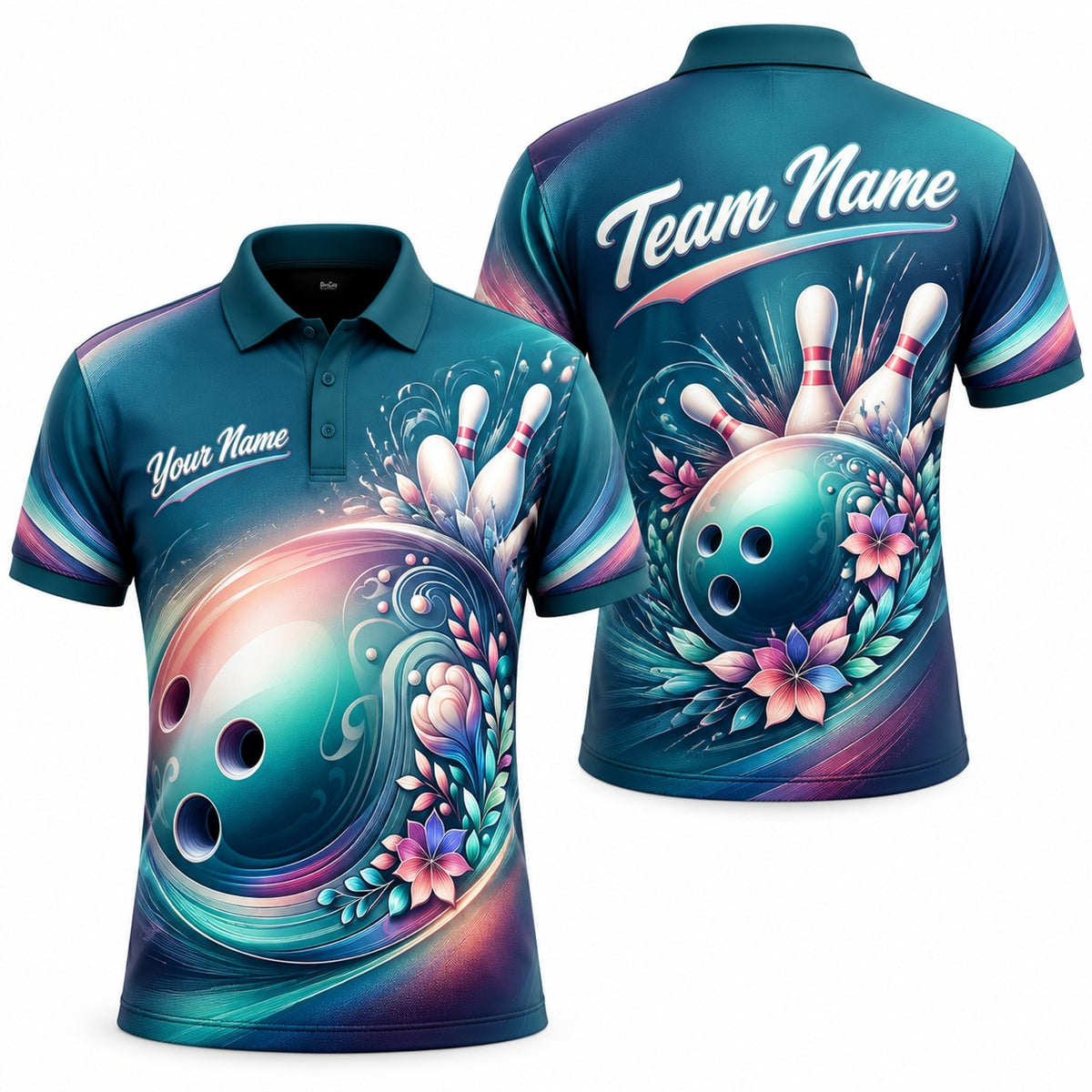 Floral Bowling Ball Graphic Custom Bowling Polo Shirt
