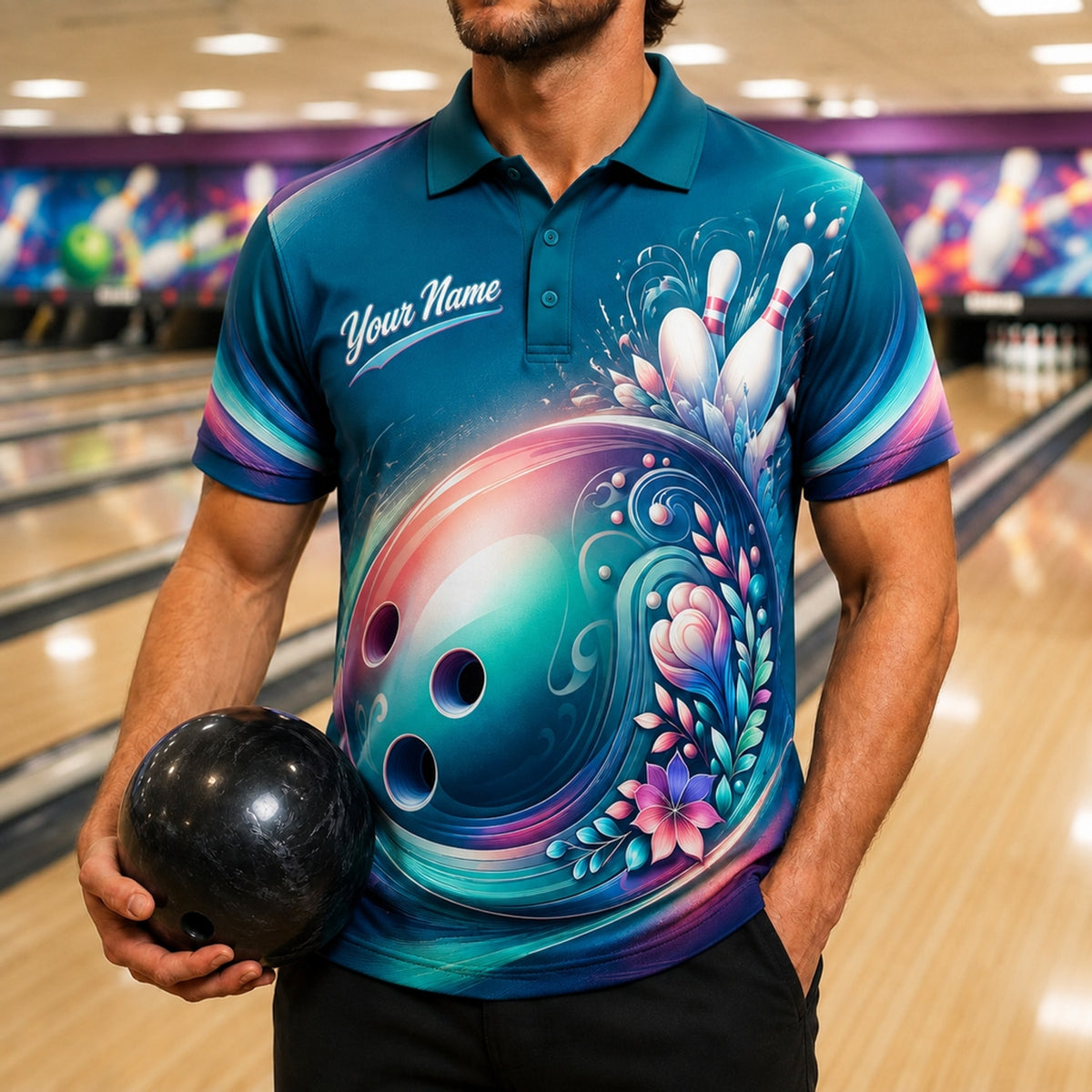 Floral Bowling Ball Graphic Custom Bowling Polo Shirt Front View