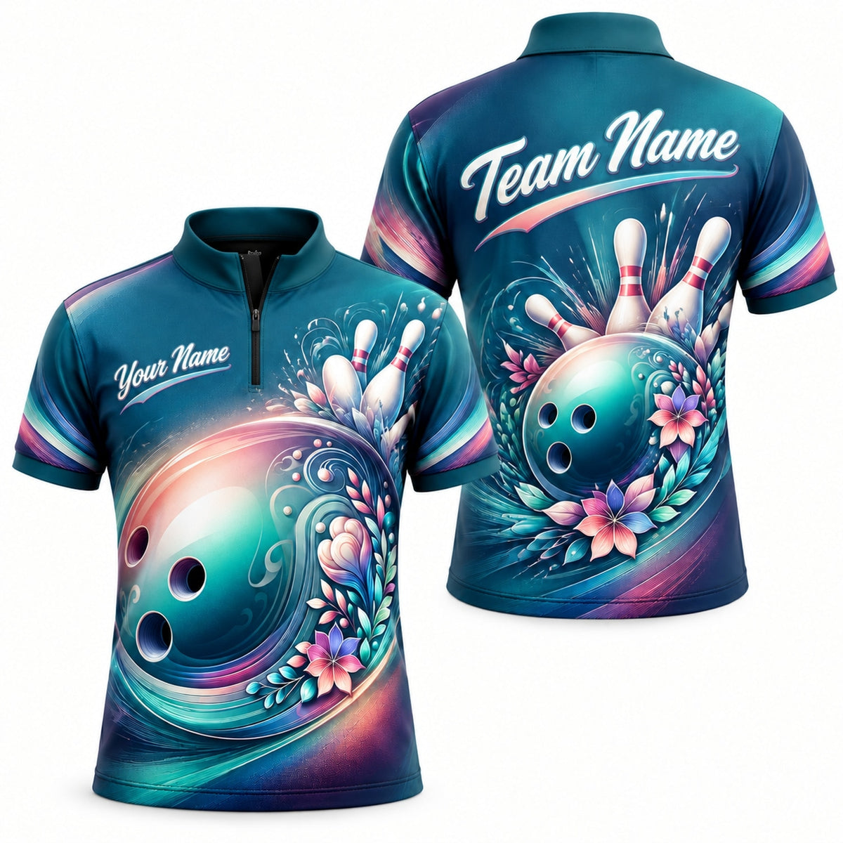 Floral Bowling Ball Graphic Custom Bowling Polo Shirt Jersey Zip 1 4 Collar