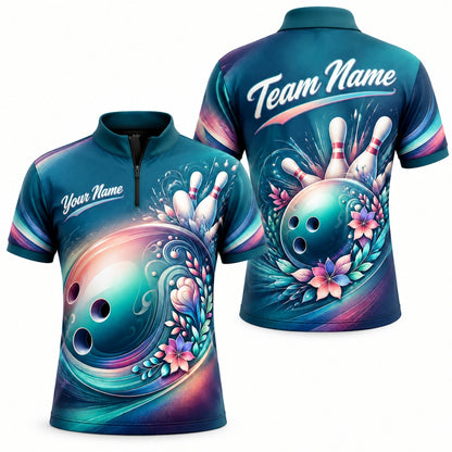 Floral Bowling Ball Graphic Custom Bowling Polo Shirt Jersey Zip 1 4 Collar