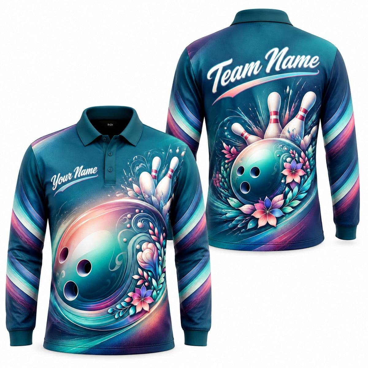 Floral Bowling Ball Graphic Custom Bowling Polo Shirt Long Sleeve Polo