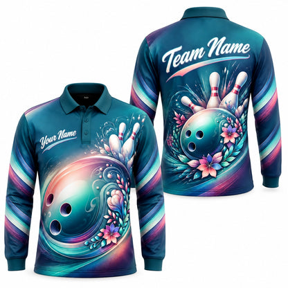 Floral Bowling Ball Graphic Custom Bowling Polo Shirt Long Sleeve Polo
