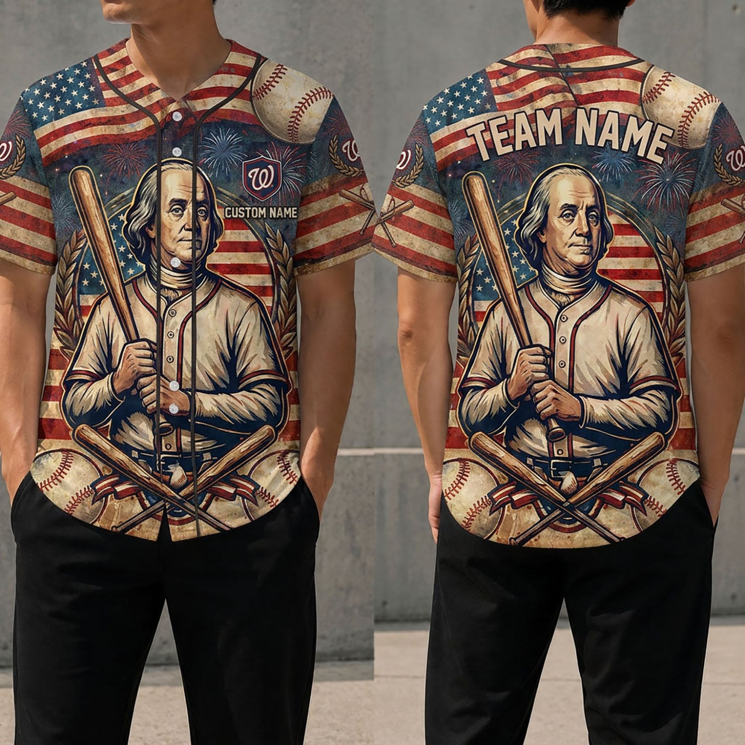 Front And Back View Of The Benjamin Franklin Baseball Legend Jersey Featuring Patriotic Design Elements