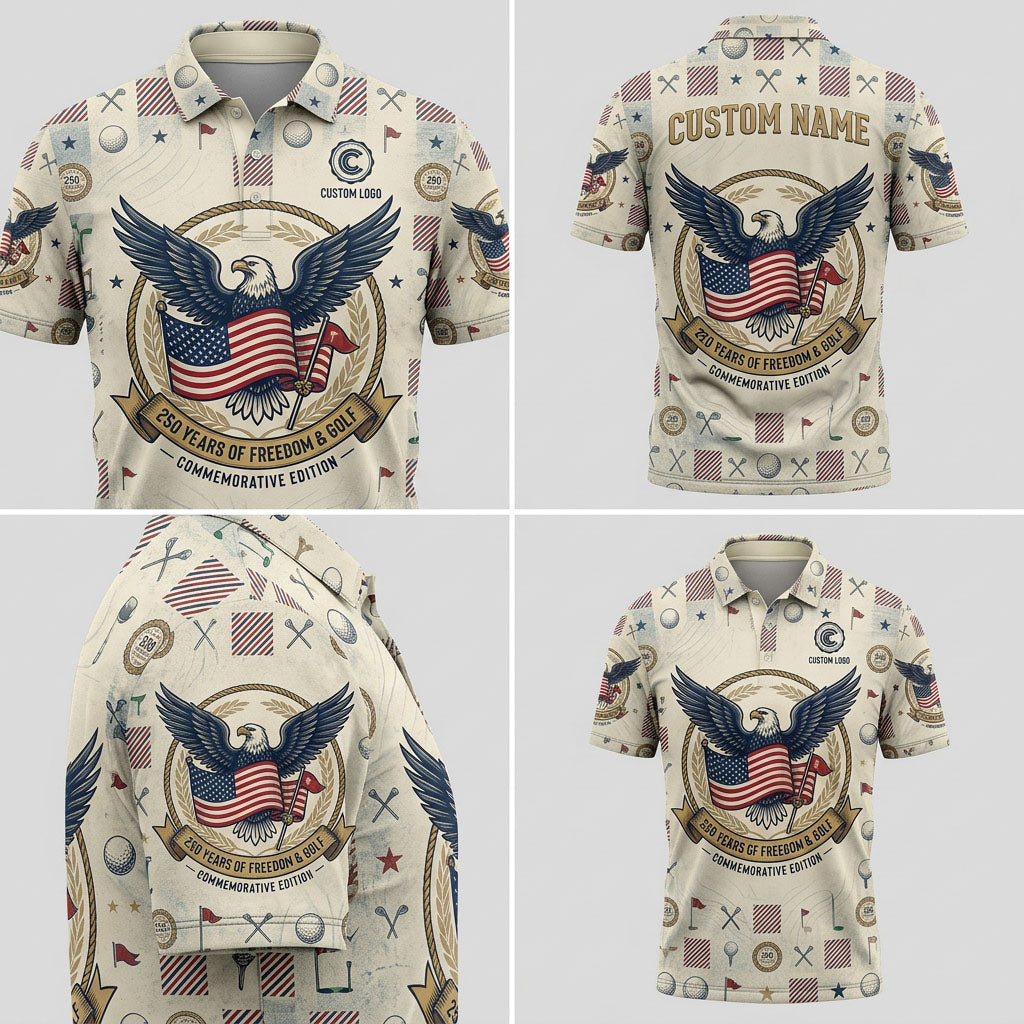 Multi-angle product display of the Freedom & Golf designer polo shirt