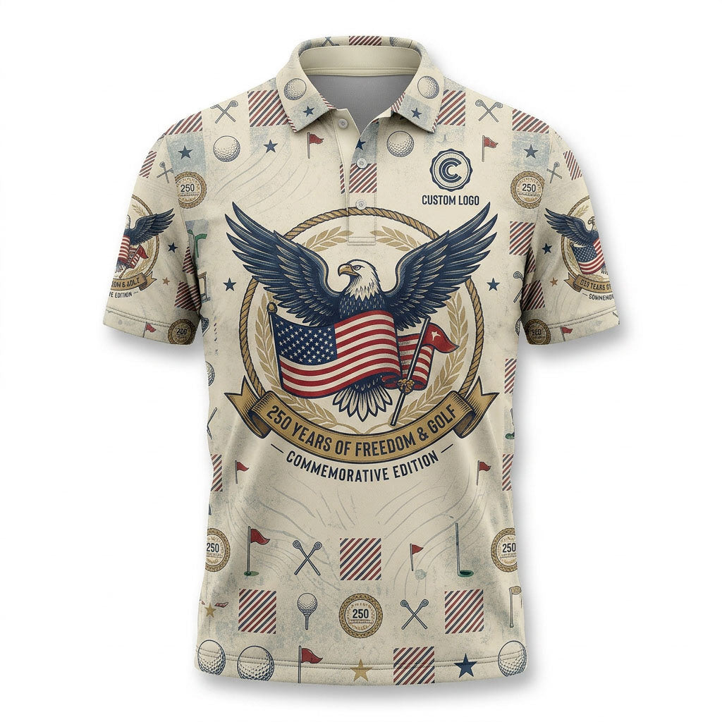Premium flatlay layout of the 250 Years of Freedom & Golf performance polo