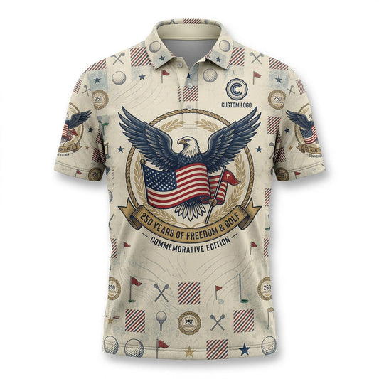 Premium flatlay layout of the 250 Years of Freedom & Golf performance polo