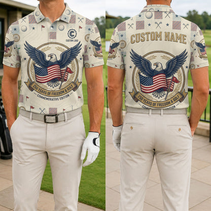 Front and back view of the 250 Years of Freedom & Golf custom polo shirt