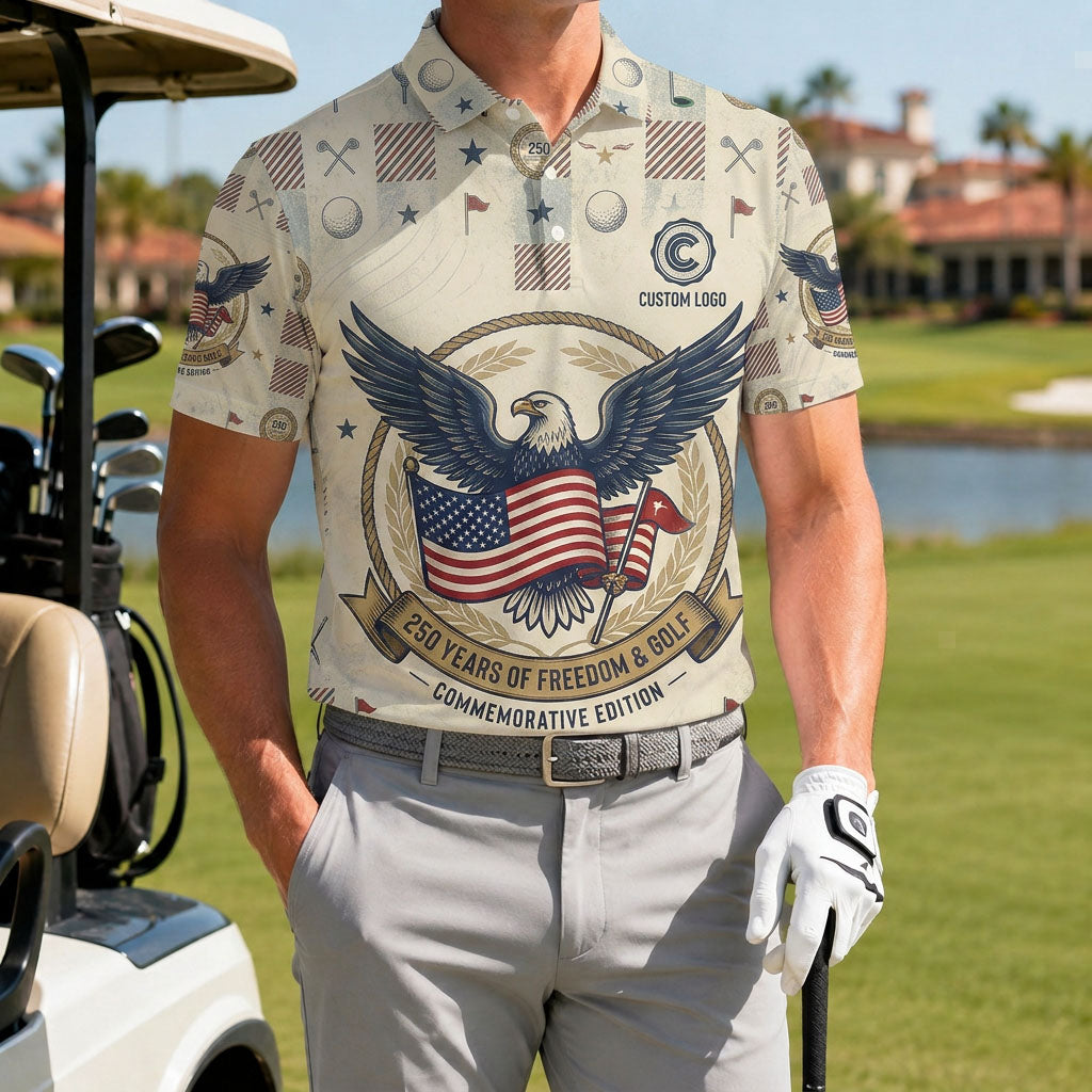 Golfer wearing the 250 Years of Freedom & Golf performance polo shirt
