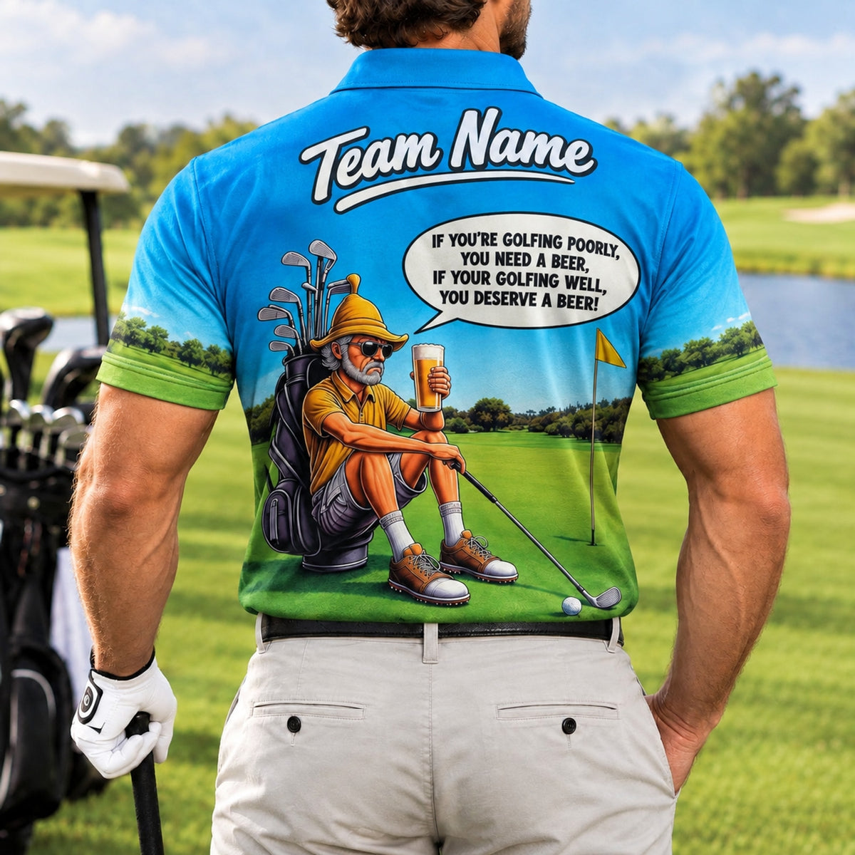 Funny Beer Golf Cartoon Personalized Golf Polo Shirt Back View