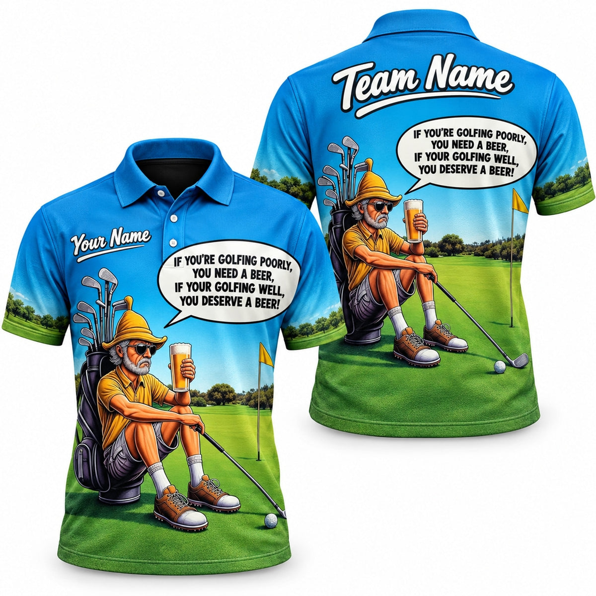 Funny Beer Golf Cartoon Personalized Golf Polo Shirt
