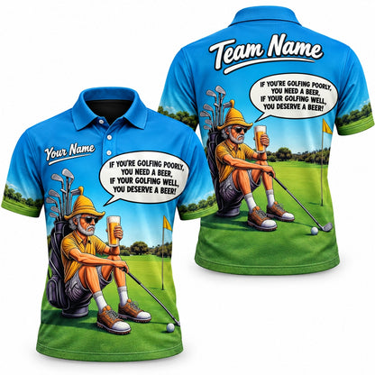 Funny Beer Golf Cartoon Personalized Golf Polo Shirt