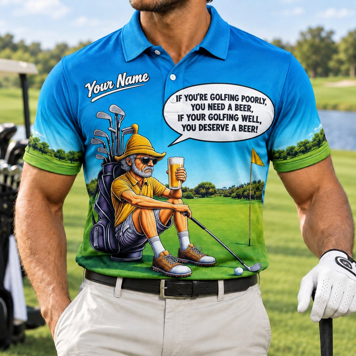 Funny Beer Golf Cartoon Personalized Golf Polo Shirt Front View