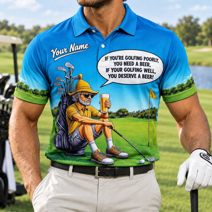 Funny Beer Golf Cartoon Personalized Golf Polo Shirt Front View