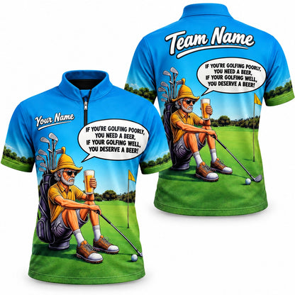 Funny Beer Golf Cartoon Personalized Golf Polo Shirt Jersey Zip 1 4 Collar