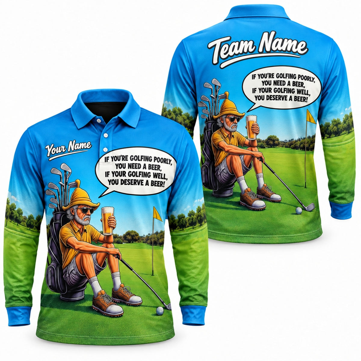 Funny Beer Golf Cartoon Personalized Golf Polo Shirt Long Sleeve Polo