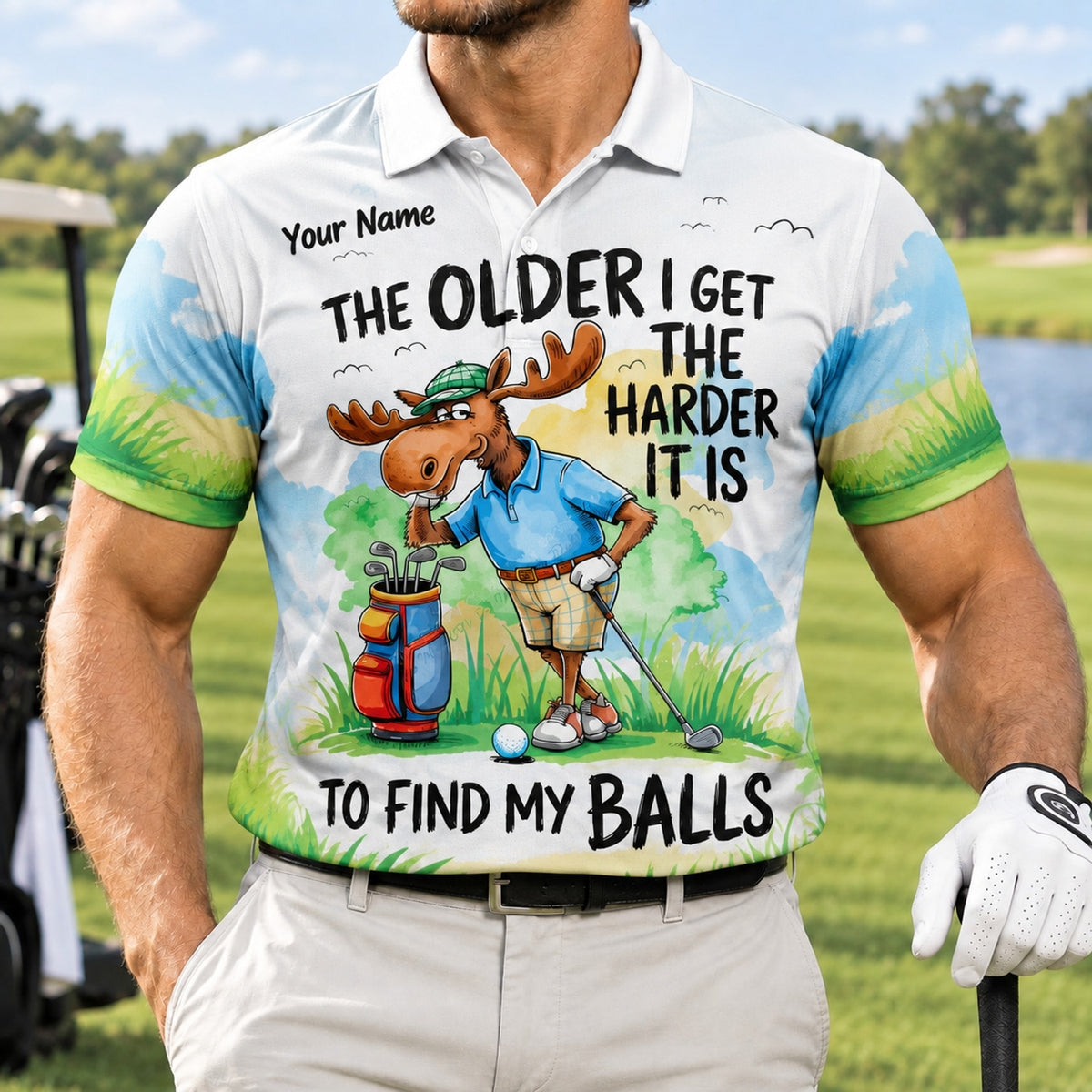 Funny Moose Golfer Graphic Personalized Golf Polo Shirt Front View