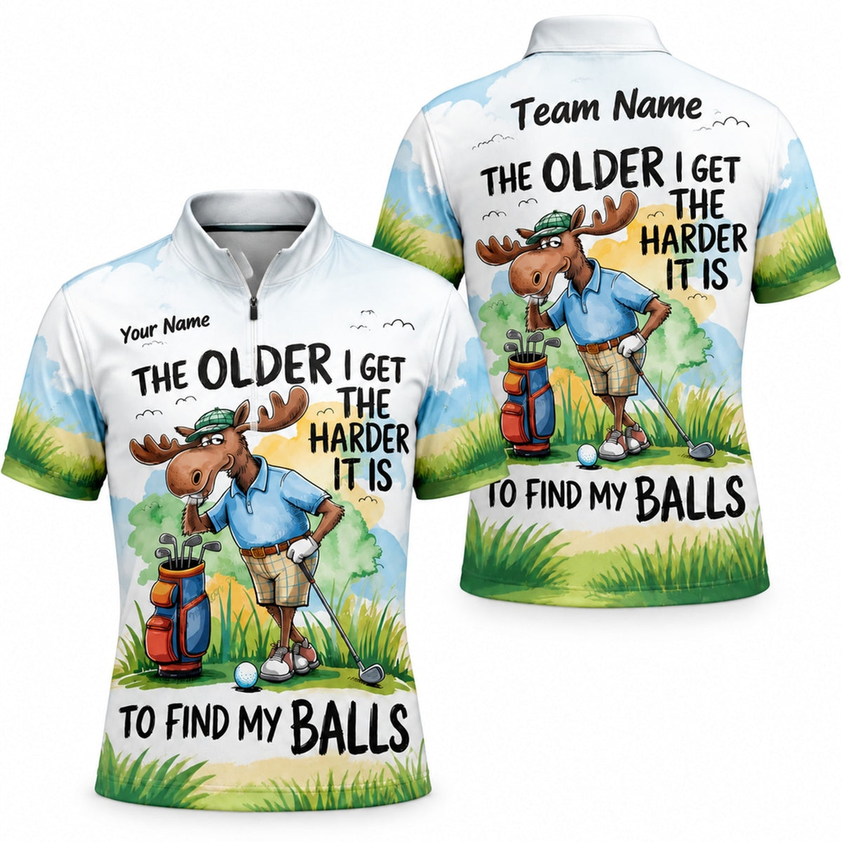 Funny Moose Golfer Graphic Personalized Golf Polo Shirt Jersey Zip 1 4 Collar