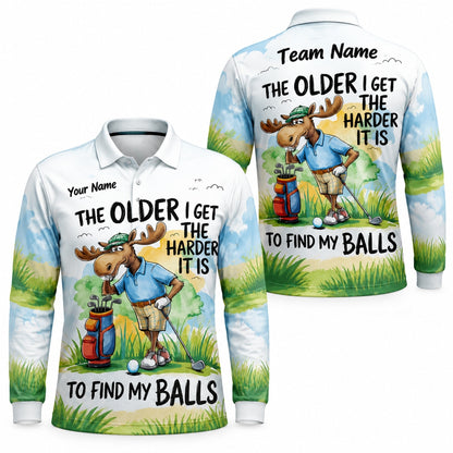 Funny Moose Golfer Graphic Personalized Golf Polo Shirt Long Sleeve Polo