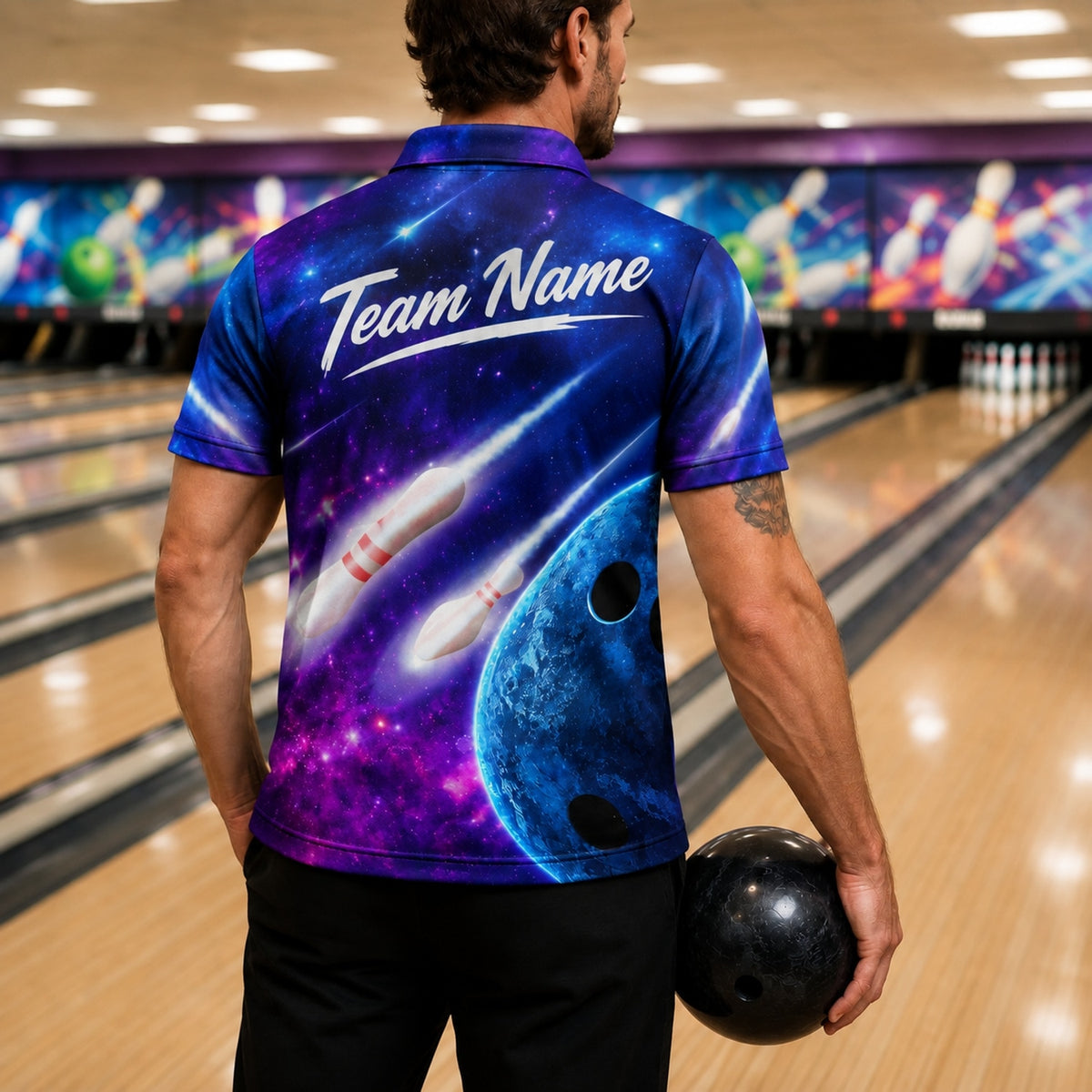 Galactic Bowling Pins Graphic Custom Bowling Polo Shirt Back View