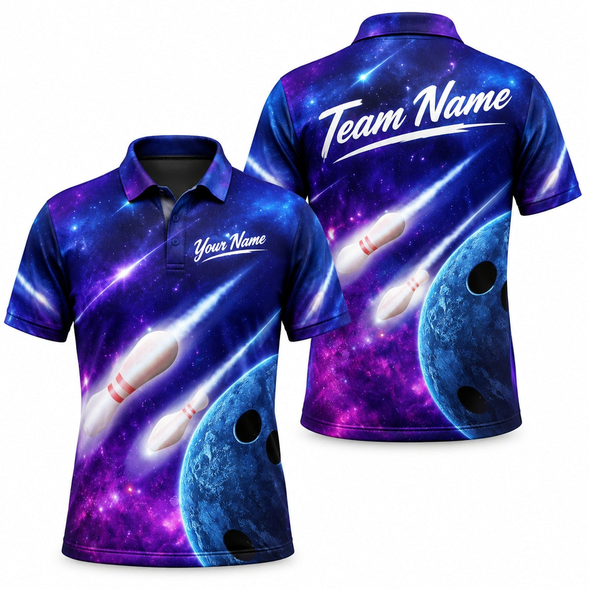 Galactic Bowling Pins Graphic Custom Bowling Polo Shirt