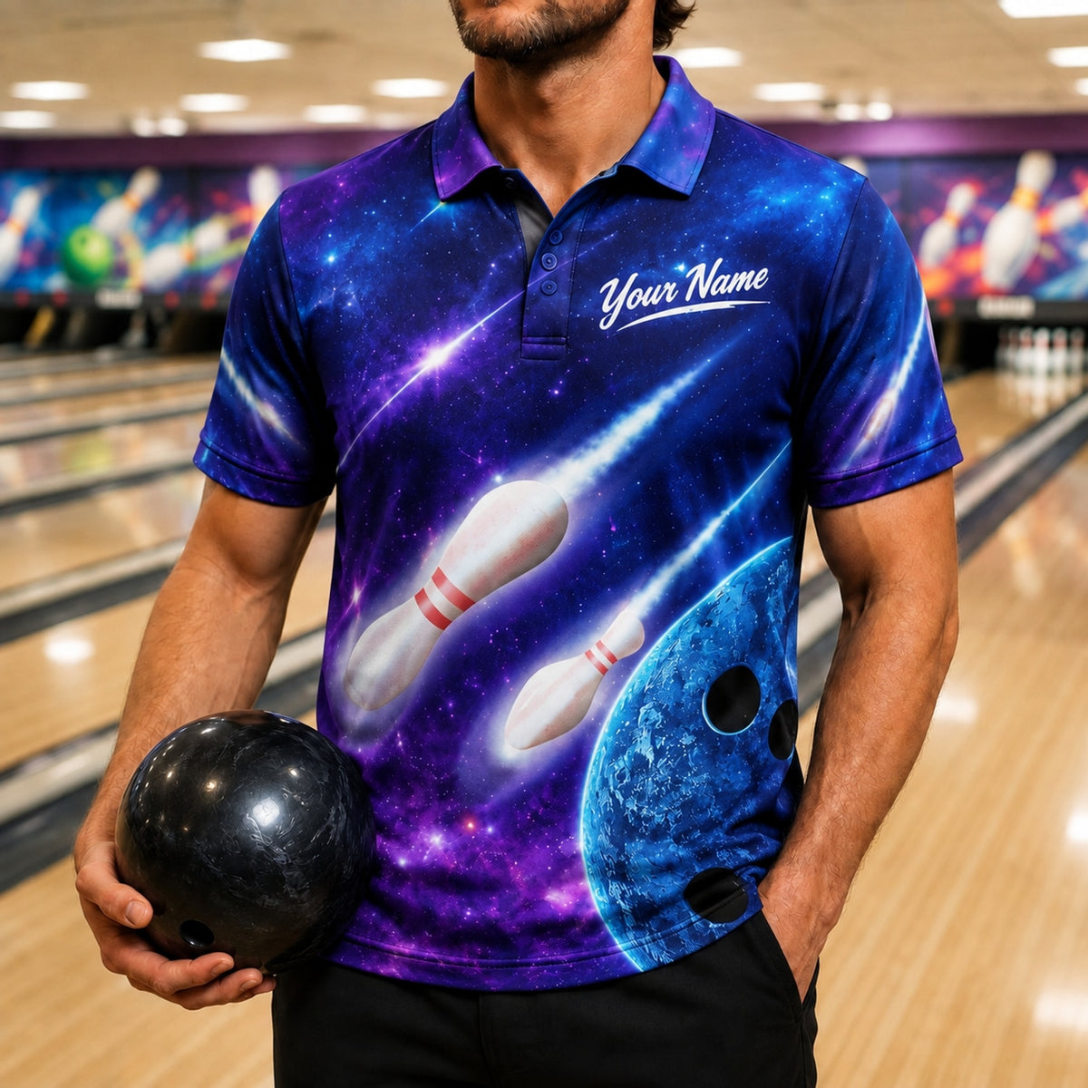 Galactic Bowling Pins Graphic Custom Bowling Polo Shirt Front View
