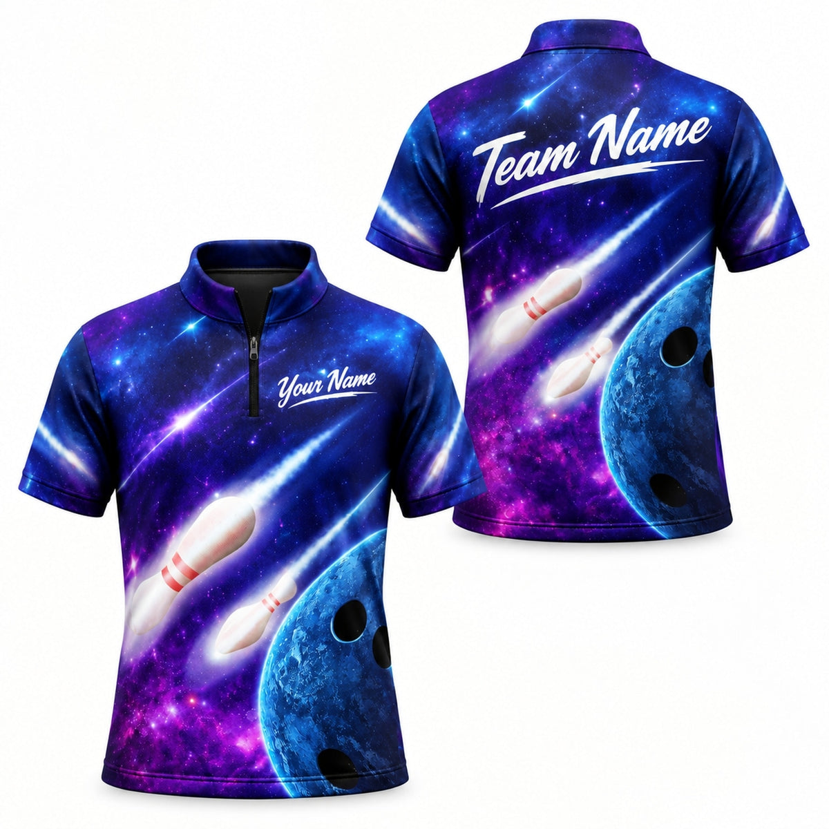 Galactic Bowling Pins Graphic Custom Bowling Polo Shirt Jersey Zip 1 4 Collar