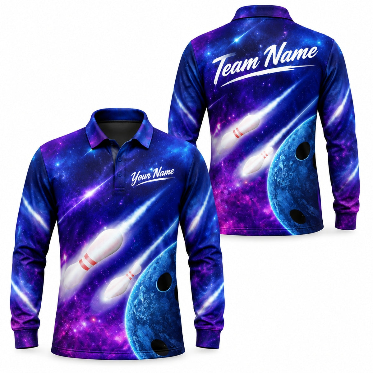 Galactic Bowling Pins Graphic Custom Bowling Polo Shirt Long Sleeve Polo
