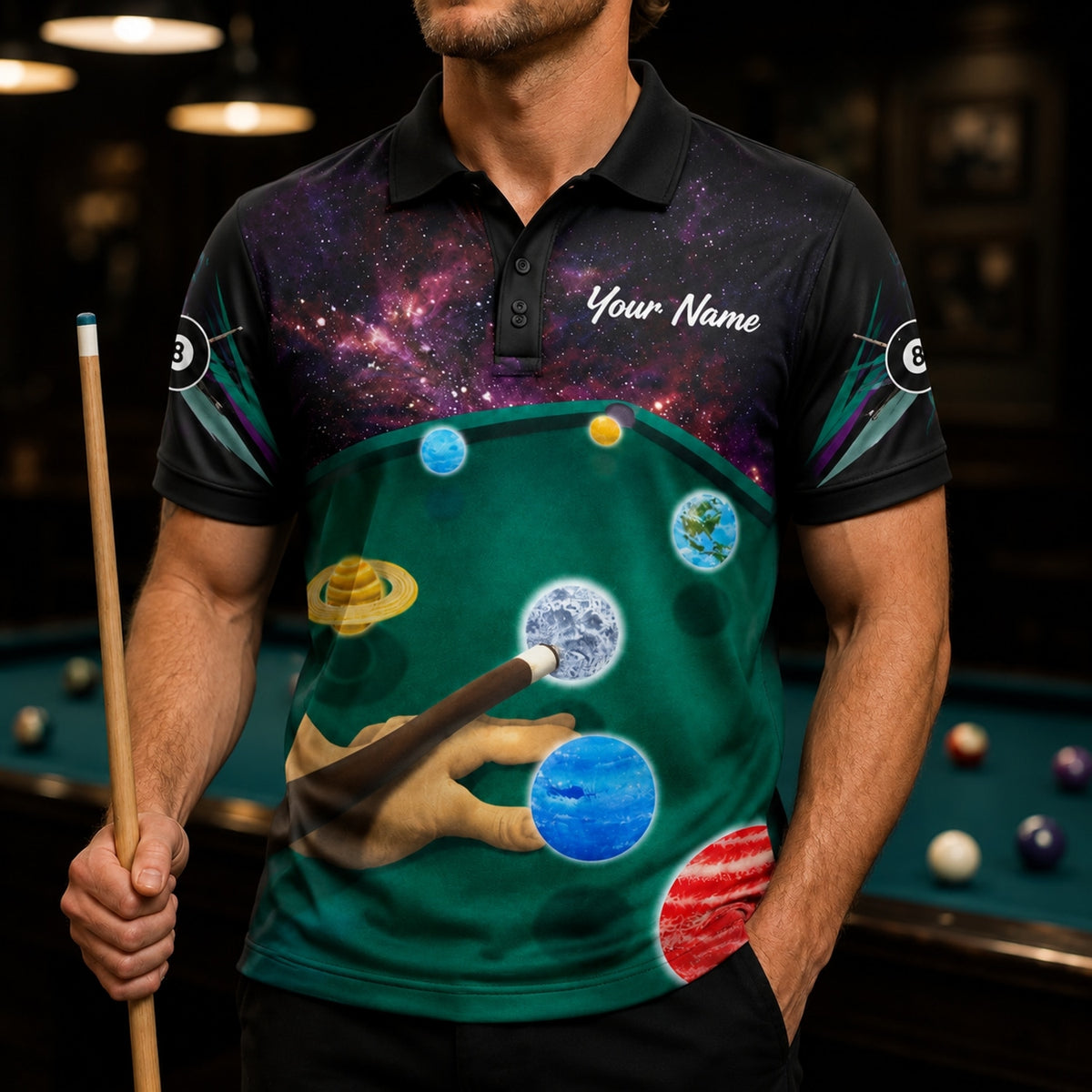 Galaxy Billiards Artwork Modern Personalized Billiard Polo Shirt Front View
