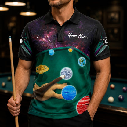 Galaxy Billiards Artwork Modern Personalized Billiard Polo Shirt Front View