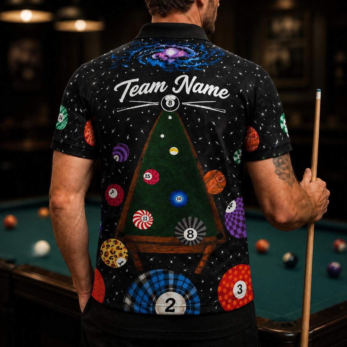 Galaxy Billiards Table Graphic Personalized Billiard Polo Shirt Back View