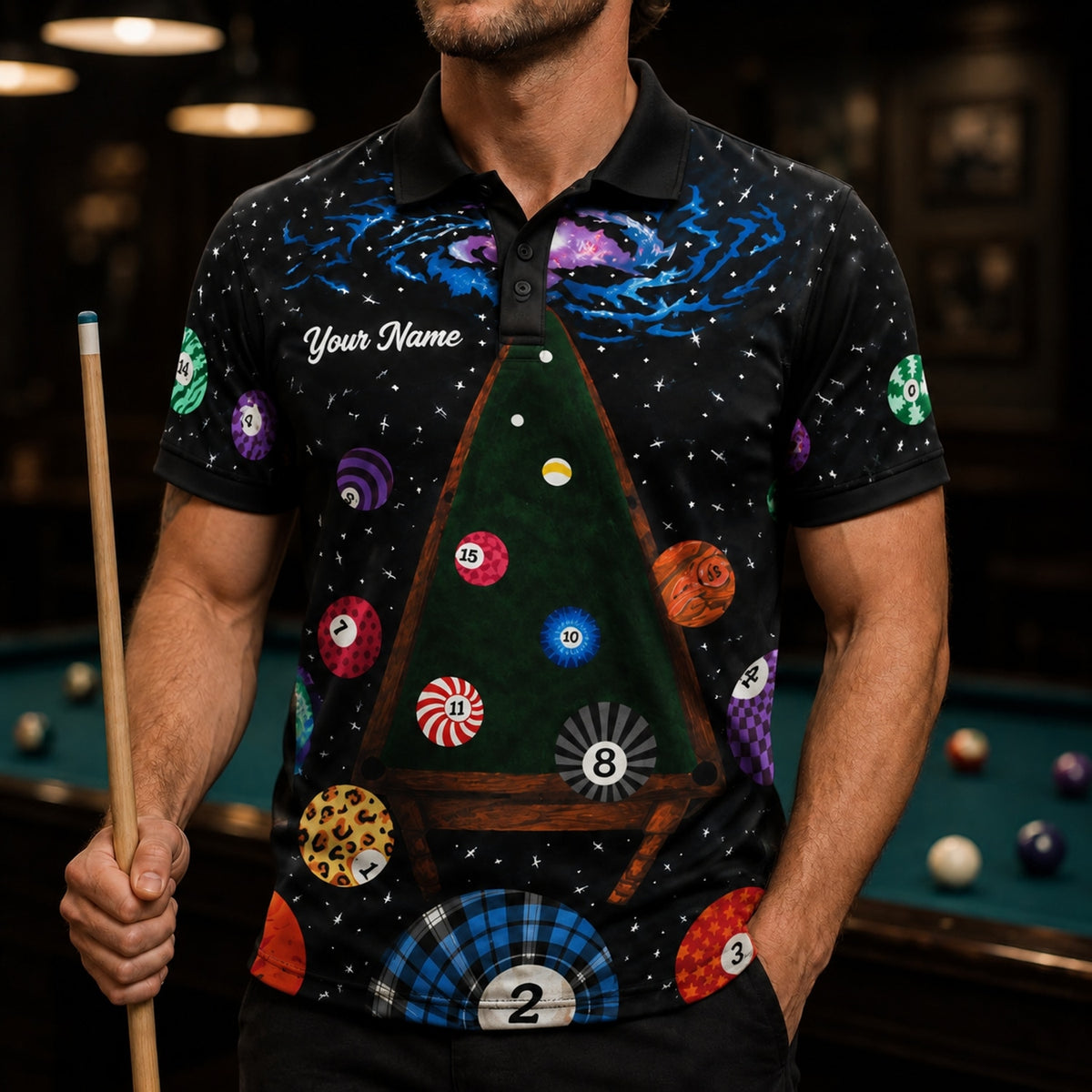 Galaxy Billiards Table Graphic Personalized Billiard Polo Shirt Front View