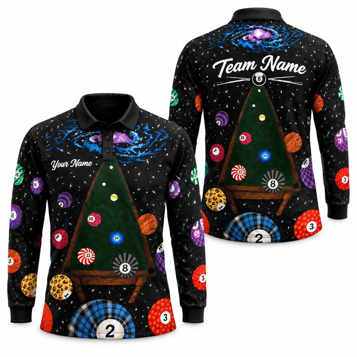 Galaxy Billiards Table Graphic Personalized Billiard Polo Shirt Long Sleeve Polo