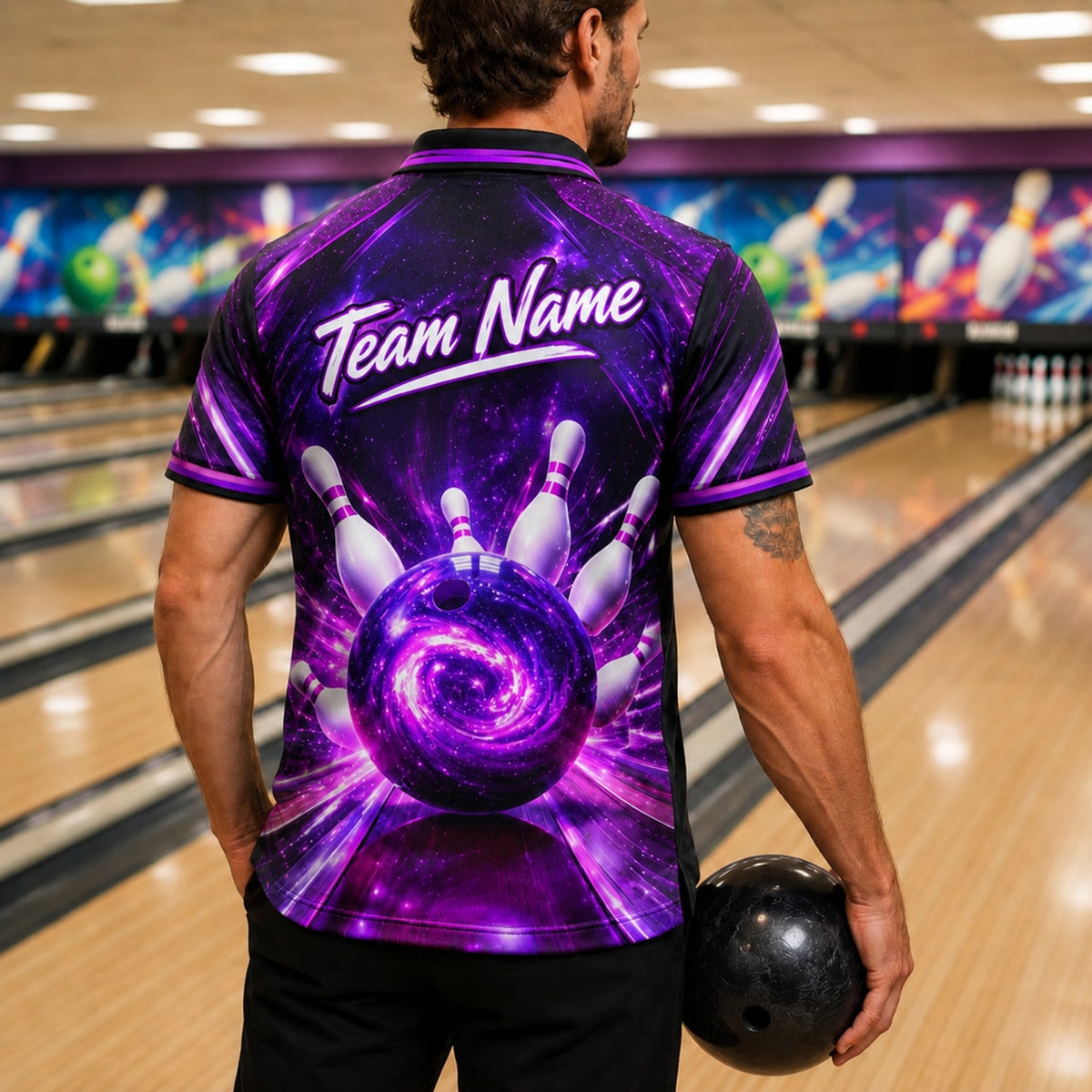 Galaxy Bowling Ball Graphic Personalized Bowling Polo Shirt Back View