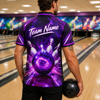 Galaxy Bowling Ball Graphic Personalized Bowling Polo Shirt Back View