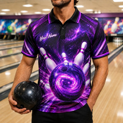 Galaxy Bowling Ball Graphic Personalized Bowling Polo Shirt Front View