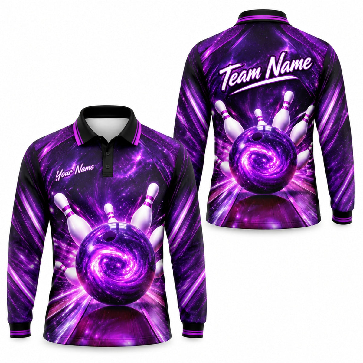 Galaxy Bowling Ball Graphic Personalized Bowling Polo Shirt Long Sleeve Polo