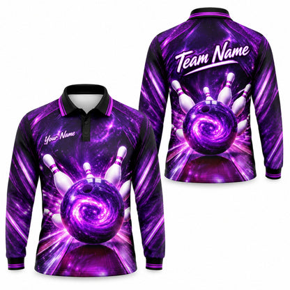 Galaxy Bowling Ball Graphic Personalized Bowling Polo Shirt Long Sleeve Polo