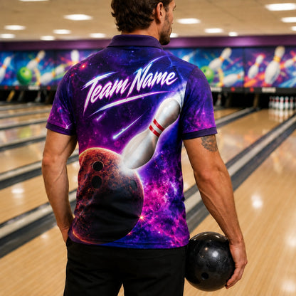 Galaxy Bowling Ball Strike Sport Custom Bowling Polo Shirt Back View