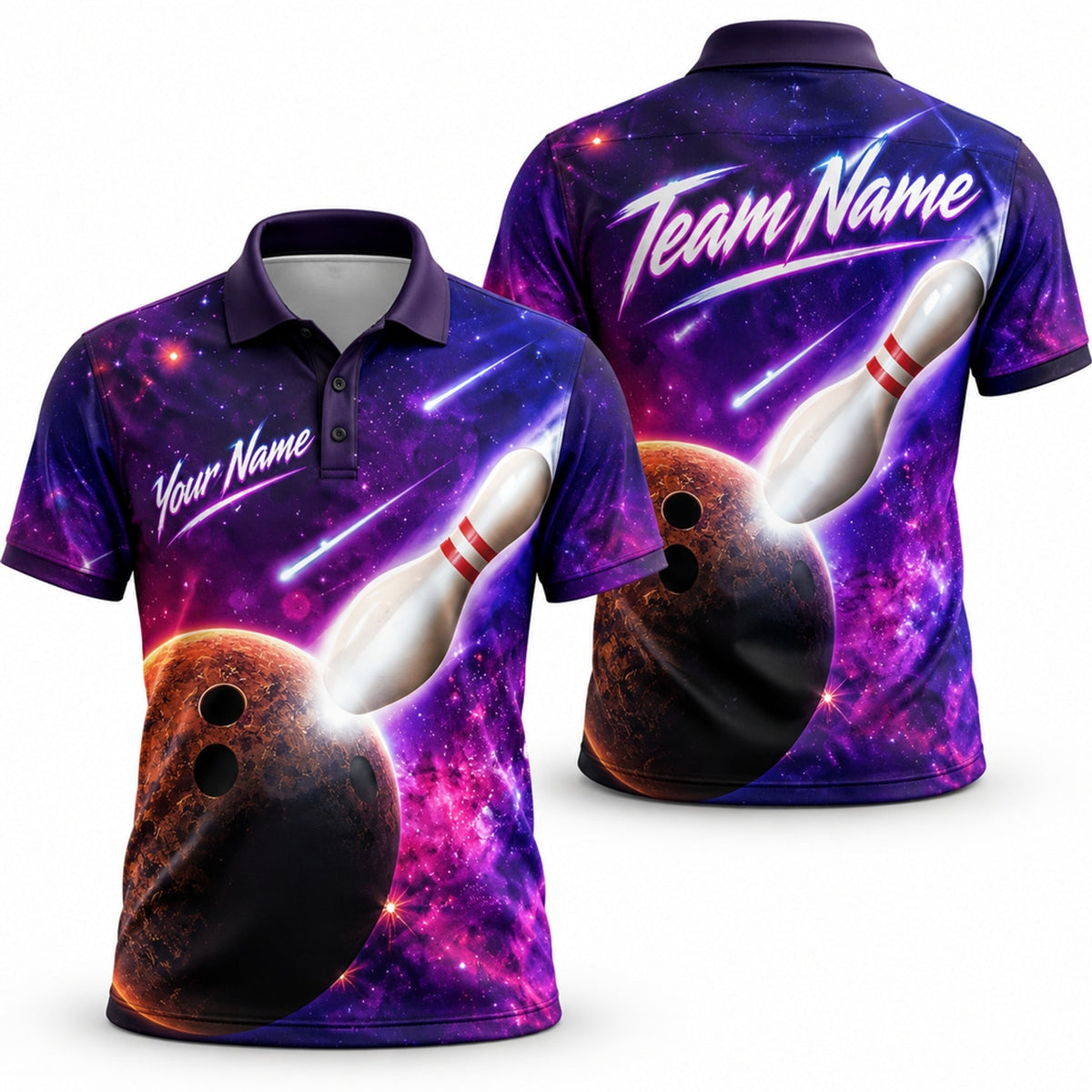 Galaxy Bowling Ball Strike Sport Custom Bowling Polo Shirt
