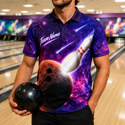 Galaxy Bowling Ball Strike Sport Custom Bowling Polo Shirt Front View