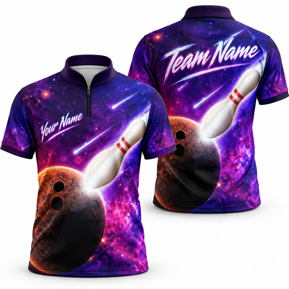 Galaxy Bowling Ball Strike Sport Custom Bowling Polo Shirt Jersey Zip 1 4 Collar