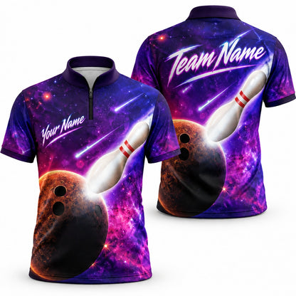 Galaxy Bowling Ball Strike Sport Custom Bowling Polo Shirt Jersey Zip 1 4 Collar