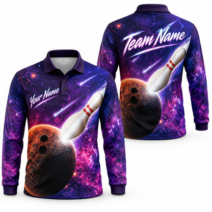 Galaxy Bowling Ball Strike Sport Custom Bowling Polo Shirt Long Sleeve Polo