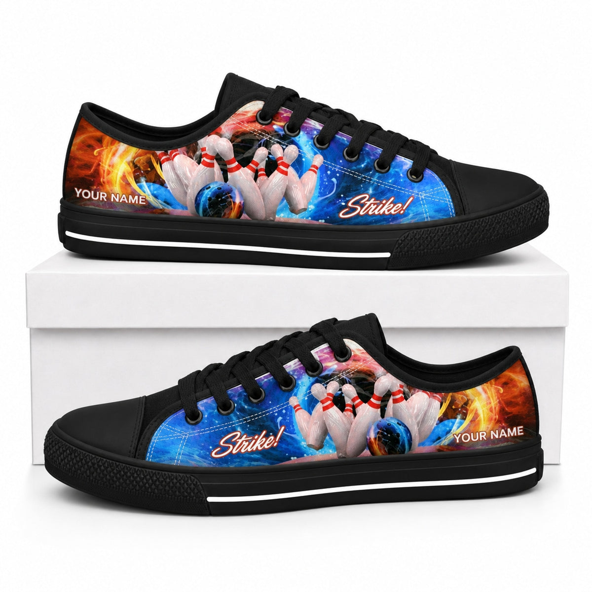 Galaxy Bowling Strike Design Graphic Personalized Low Top Shoes Box Black