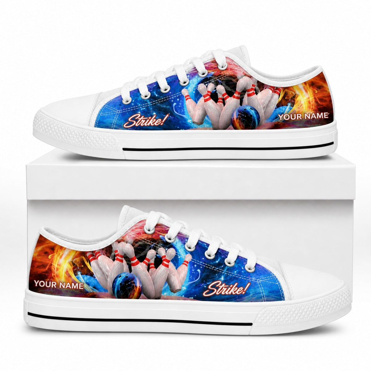 Galaxy Bowling Strike Design Graphic Personalized Low Top Shoes Box White