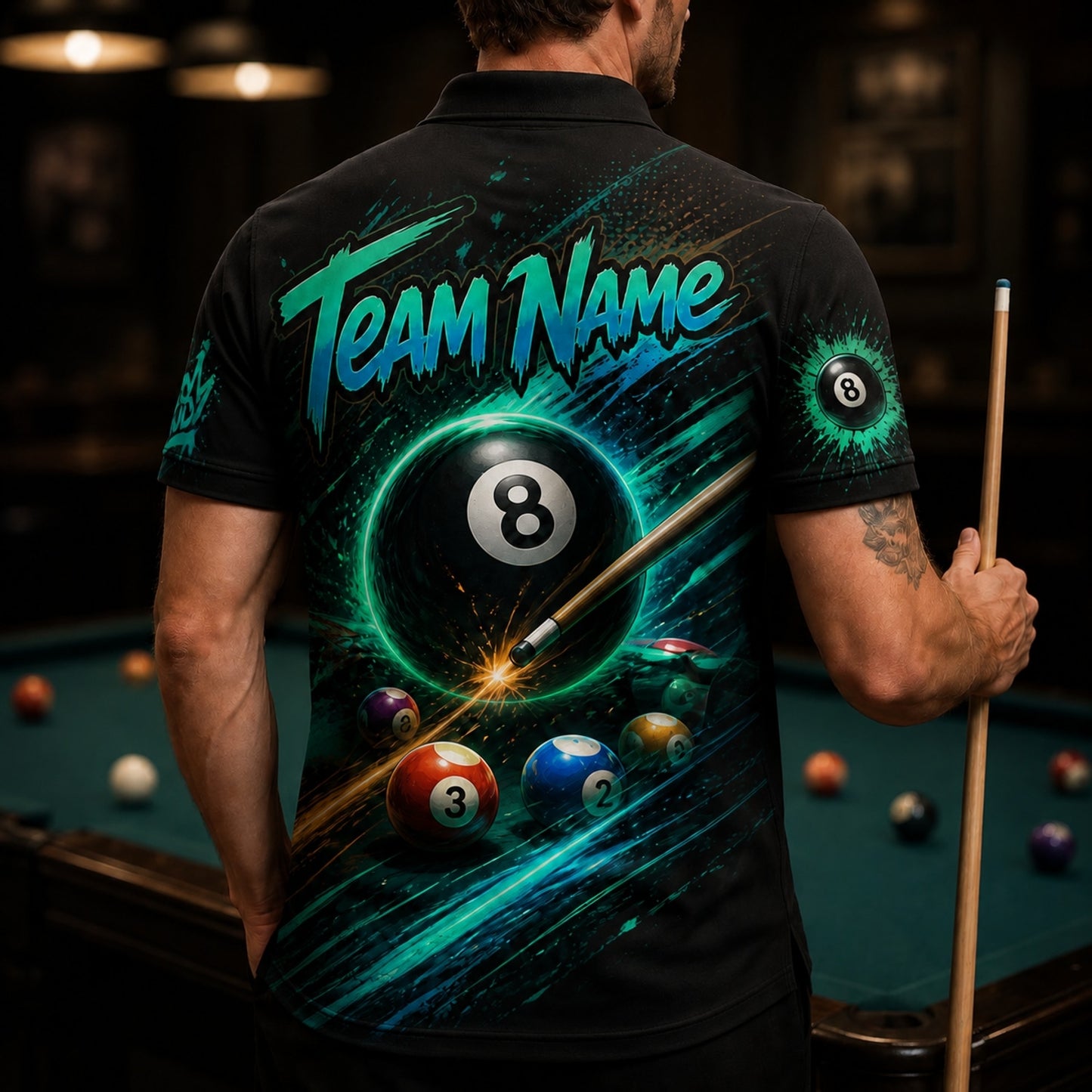 Gangster 8 Ball Graphic Personalized Billiard Polo Shirt Back View