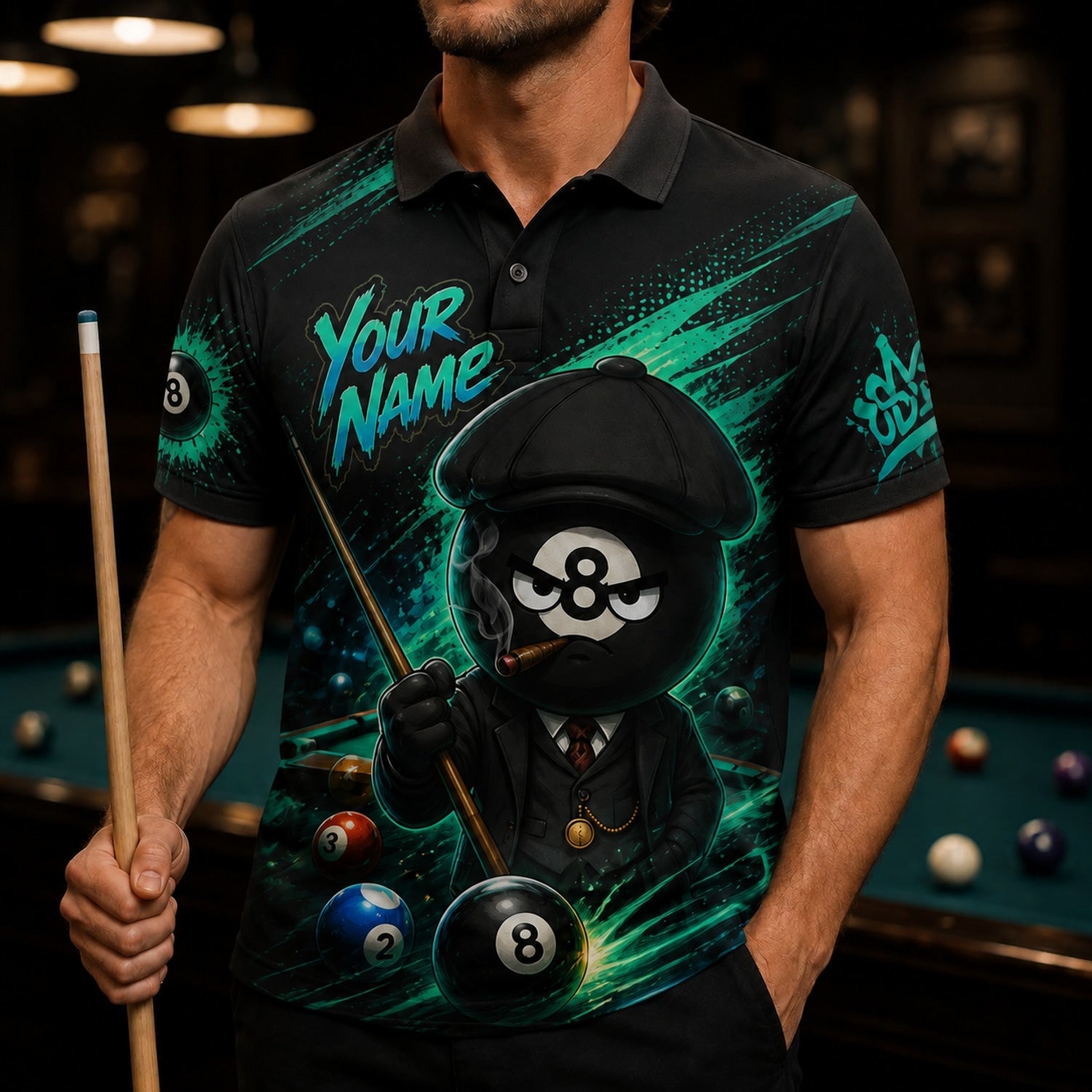 Gangster 8 Ball Graphic Personalized Billiard Polo Shirt Front View
