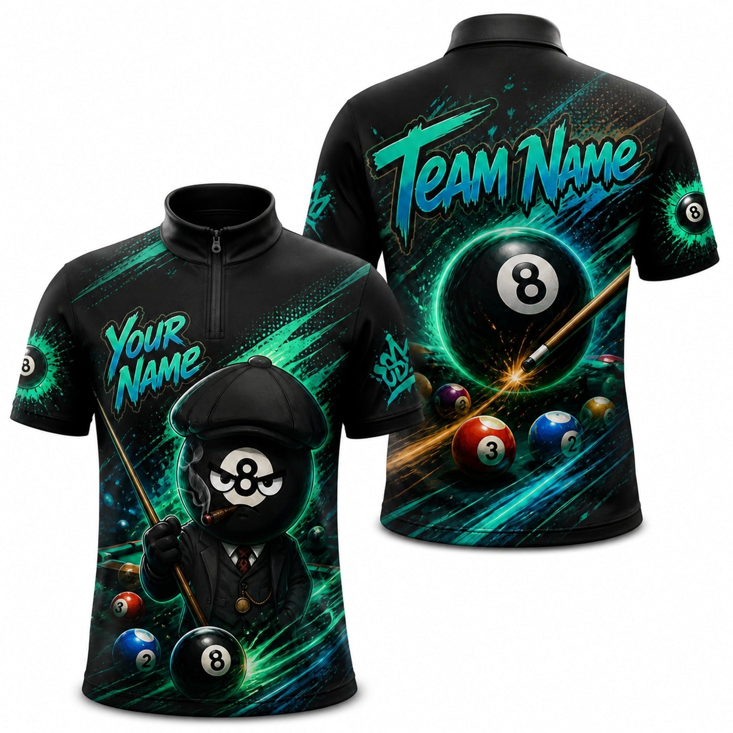Gangster 8 Ball Graphic Personalized Billiard Polo Shirt Jersey Zip 1 4 Collar