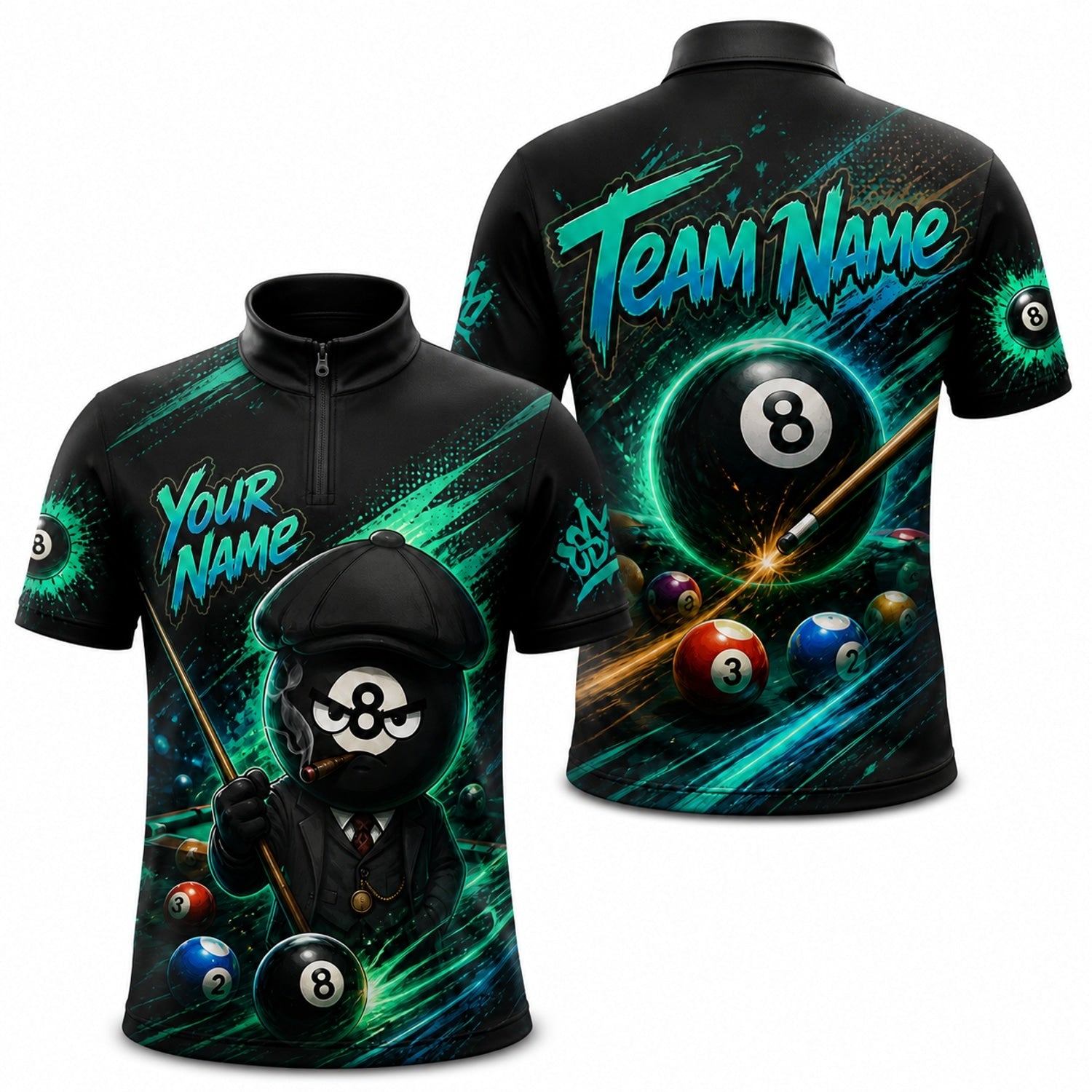 Gangster 8 Ball Graphic Personalized Billiard Polo Shirt Jersey Zip 1 4 Collar